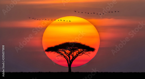 Vibrant sunset with hot air balloon and palm tree silhouette vibrant colors