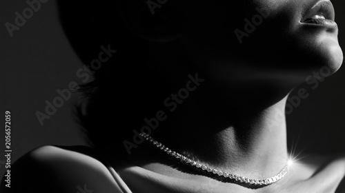 luxury diamond necklace campaign portrait with cinematic black and white mood