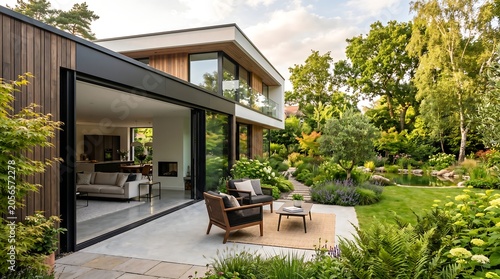 Modern Luxury House with Open Patio Seating in Lush Green Garden