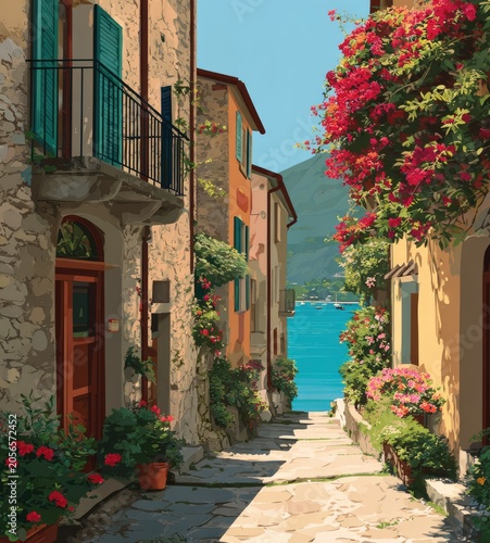 alley in a mediterranean seaside village illustration