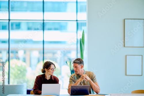 Obraz na plátně Two business colleagues discussing project ideas, working together at a table wi