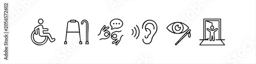Konstfotografi Set of minimal line icons representing various types of disabilities and accessibility aids, including wheelchair, walker, sign language, hearing, and visual impairment symbols