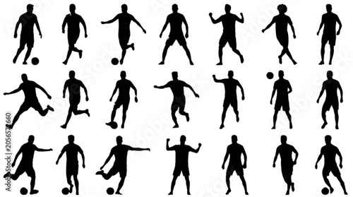 Quadro em tela Silhouette soccer players in action with ball isolated on transparent background