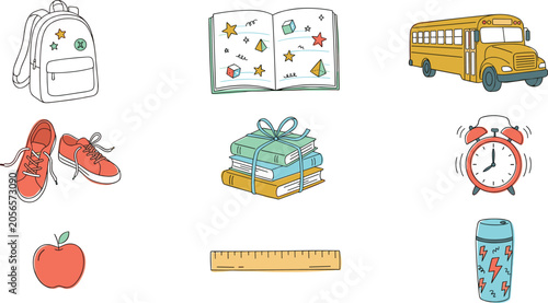 Quadro su tela Back to School Collection with Backpack, Books, School Bus, Alarm Clock, Station