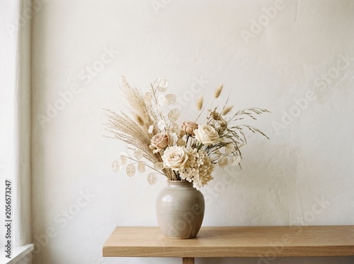 Obraz na plátně Minimalist floral arrangement in neutral vase on wooden shelf against soft light