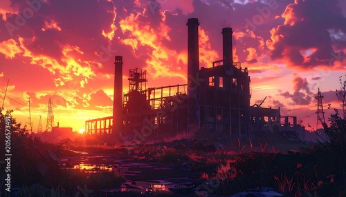 Abandoned Industrial Factory Silhouette Standing Against Fiery Sunset Sky