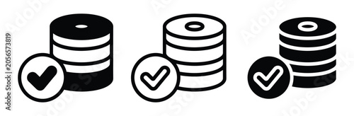 Bild auf Leinwand Black and white icon set of database cylinders with checkmarks for data storage
