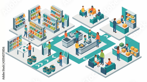 Isometric illustration of people shopping in a modern supermarket.