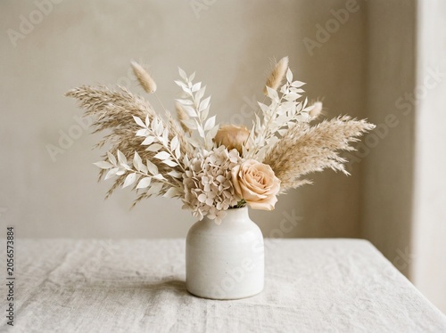 Minimalist dried flower bouquet in white vase on neutral tabletop with soft natural lighting