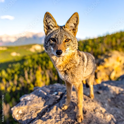 Alert Wild Coyote Standing on Rocky Outcrop in Sunlit Mountain Landscape
