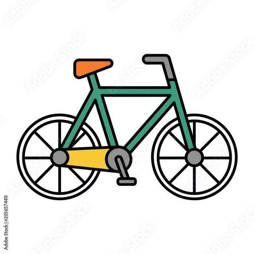 Flat vector illustration of a green bicycle with orange seat, simple outline style icon for transportation, travel and cycling