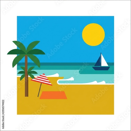 Flat vector illustration of a tropical beach scene with palm trees, sun, sailboat, and umbrella, perfect for summer travel vacation branding