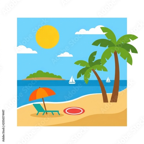 Flat vector illustration of a tropical beach scene with palm trees, sun, umbrella, and sailboat, vacation tourism travel destination