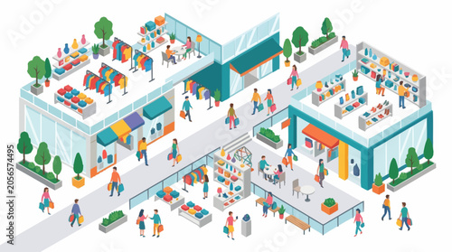 Isometric Shopping Mall With Many People Walking Around.