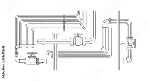 Detailed technical line drawing of an industrial pipe system with valves and connections for engineering and plumbing.