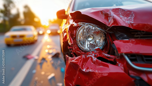 A severely damaged red car after a collision is shown in detail, highlighting the extent of the front-end impact
