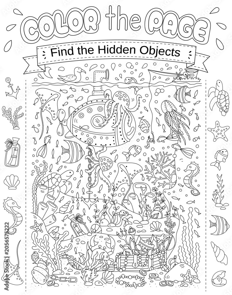 Fototapeta premium Coloring Page With Hidden Objects In The Underwater World