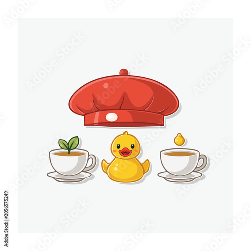 Red umbrella with yellow duck and mushrooms