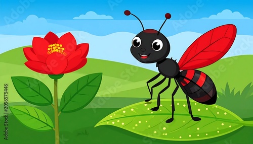 Colorful Cartoon Ant Standing on Green Leaf Beside Red Flower in Sunny Meadow