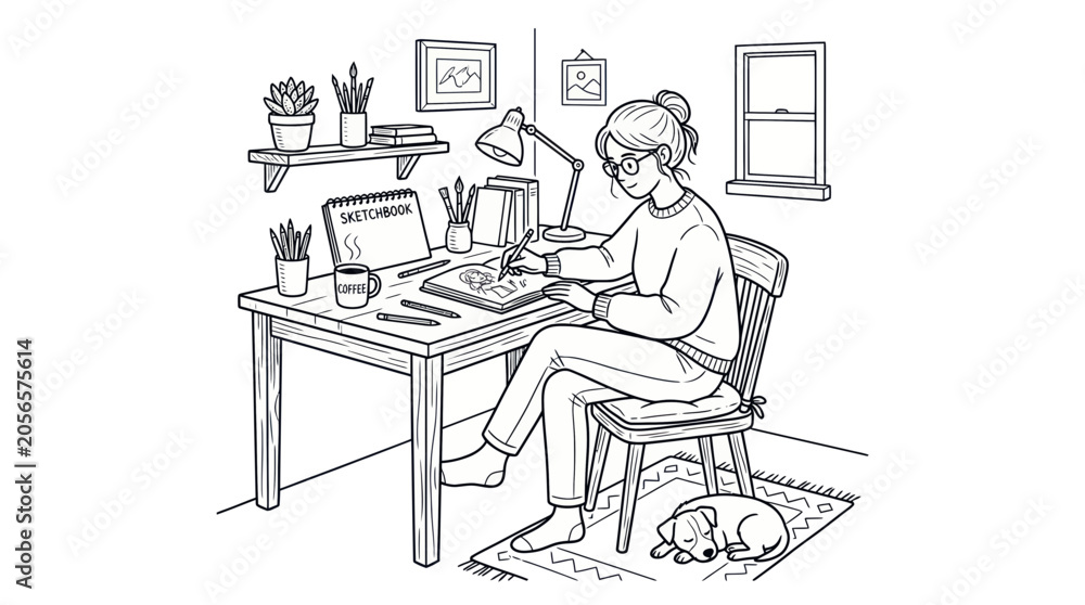 Obraz premium Artist working at desk, sketching with dog sleeping nearby