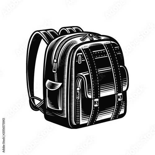 Detailed black and white vector illustration of a vintage style backpack with front pockets