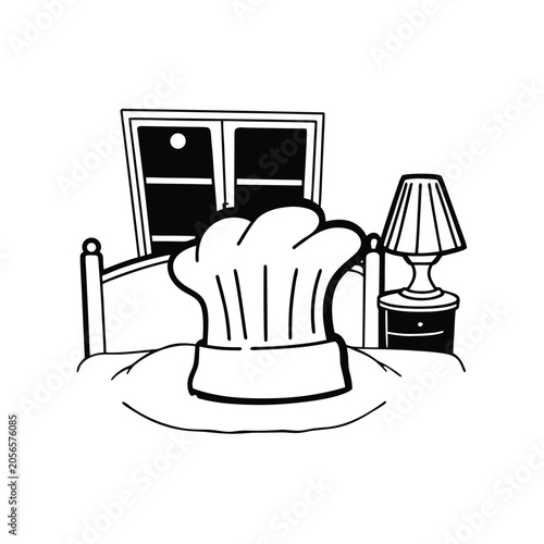 Black and white line art illustration of a chef hat resting on a bed in a cozy bedroom setting.