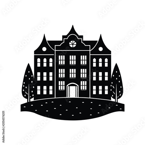 Elegant silhouette illustration of a grand hotel building with trees in a serene park setting.