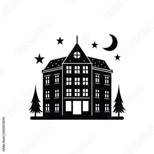 Black silhouette icon of a hotel building at night with moon, stars and pine trees for design
