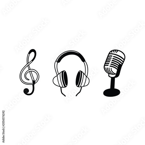 Set of black music icons including treble clef, headphones and microphone for audio production