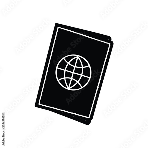 Minimalist black silhouette icon of a travel passport with a globe symbol for international trip