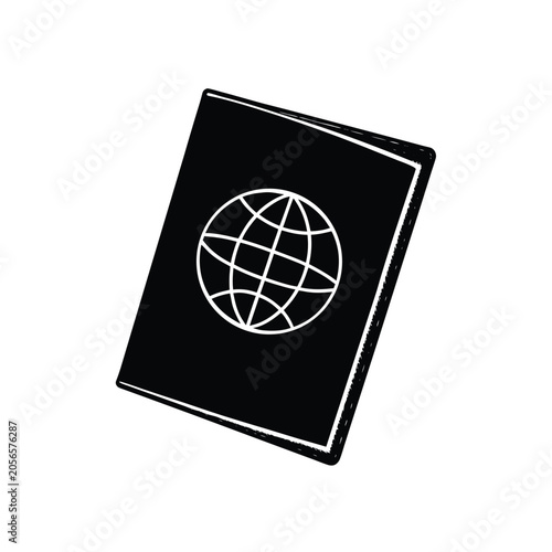 Simple black vector icon of a travel passport booklet with globe logo for global travel themes