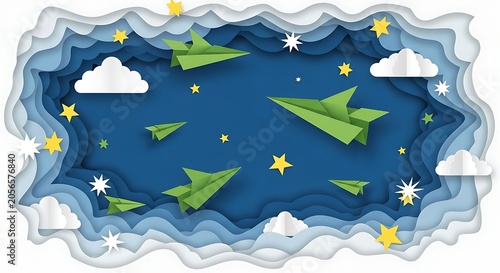 Green Origami Airplanes Flying in Layered Blue Paper Sky with Clouds and Stars
