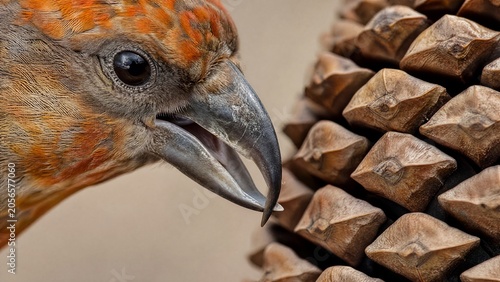 Extreme close-up of a bird's crossed beak against a pinecone's scales.