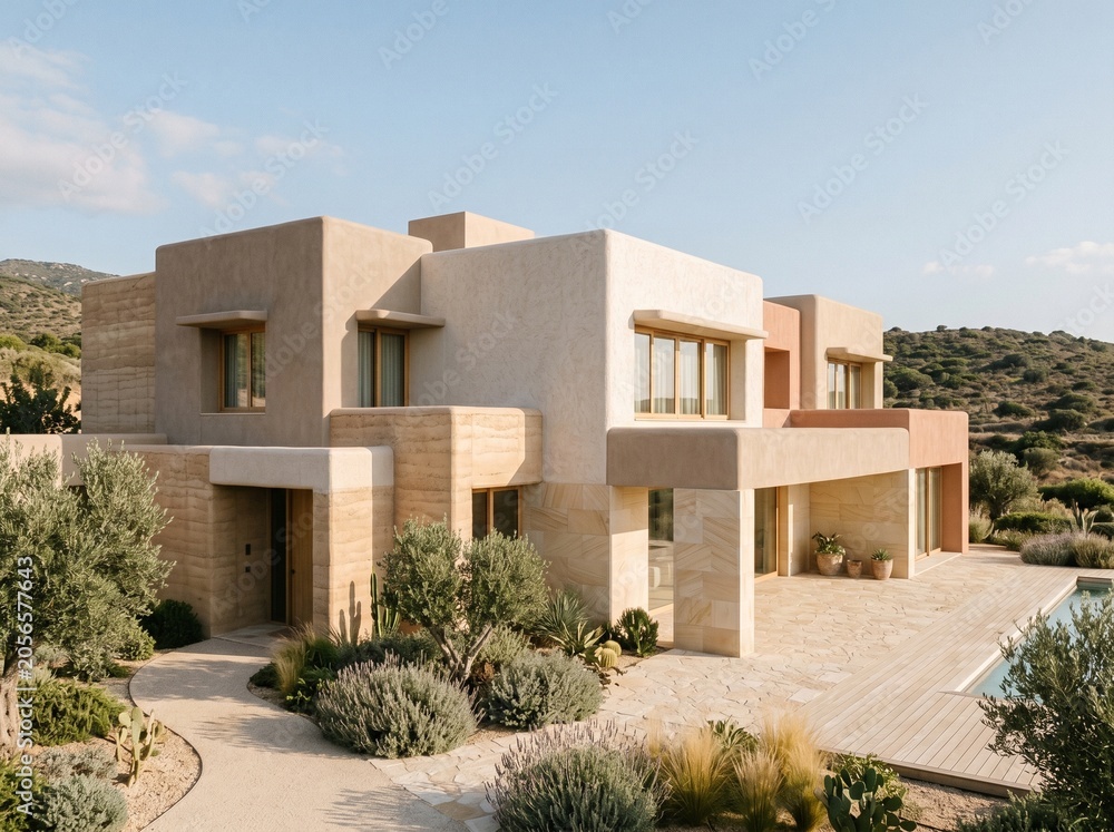 Fototapeta premium Modern Desert Home with Minimalist Architecture and Scenic Mountain Views in Natural Light
