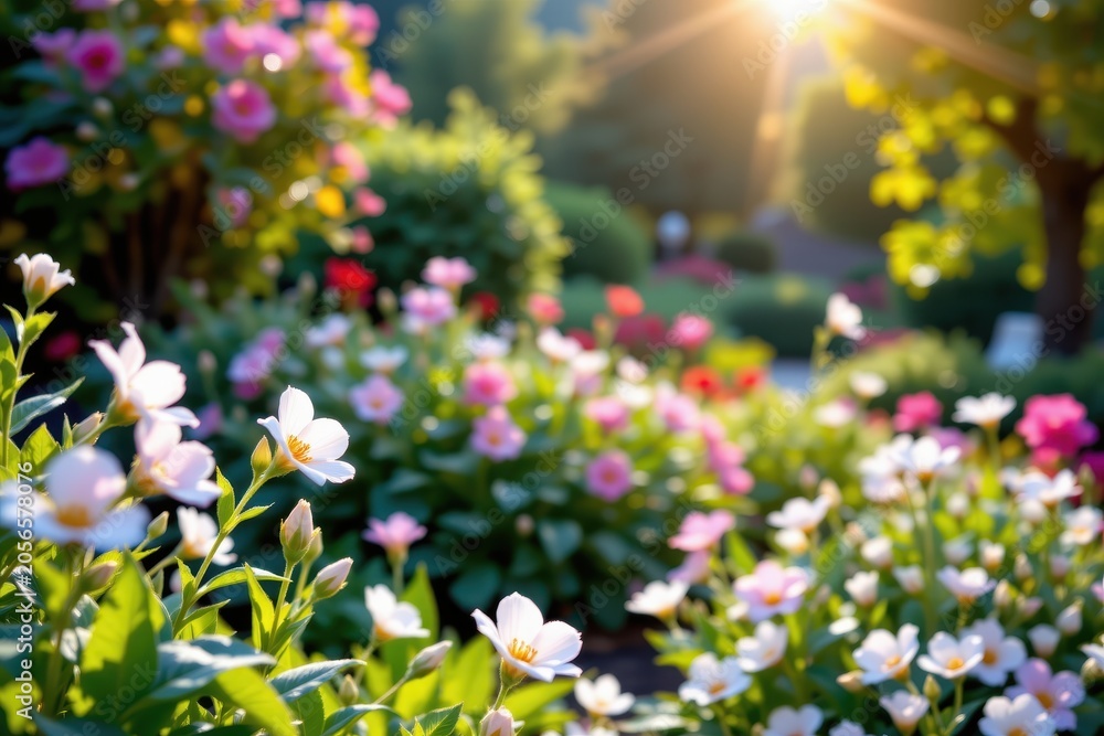Fototapeta premium Vibrant garden with blooming flowers in shades of pink, white, and red, lush green leaves in foreground, golden sunlight streaming through trees, evoking serenity, color, and natural beauty.