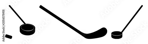 Black silhouette, white background: hockey stick and puck set with simple line art design featuring sketches, drawings, vector graphics with minimalist and simple illustrations