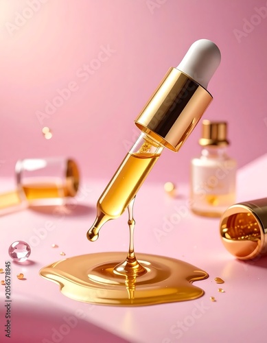 Golden Cosmetic Dropper Releasing Serum on Pink Surface in Soft Studio Setting