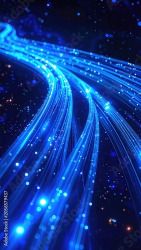 Abstract flowing blue light streaks and digital particles, representing data transmission, fiber optic speed, connection technology, futuristic cyber space