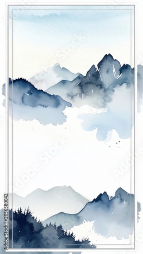 Watercolor blue mountain landscape with ink wash style, tranquil misty peaks and forest silhouette, elegant serenity for cards or stationery