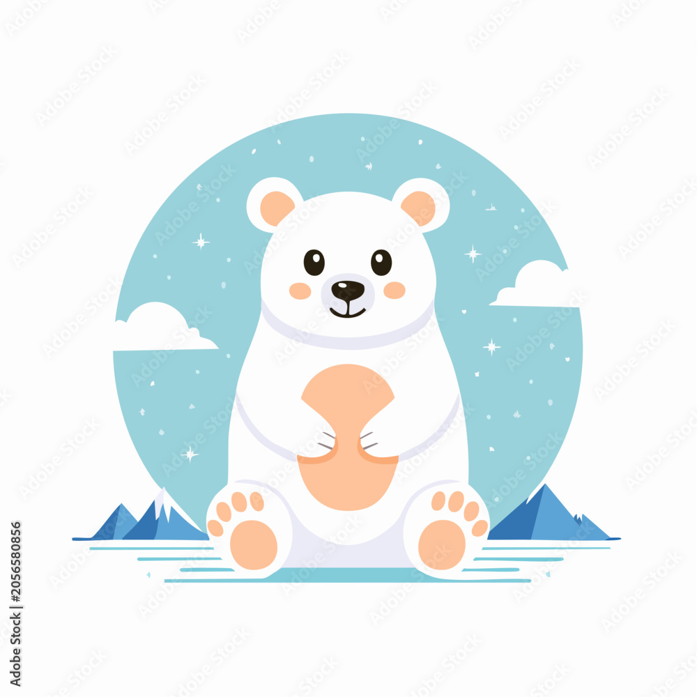 Fototapeta premium Cute cartoon polar bear sitting in a snowy landscape