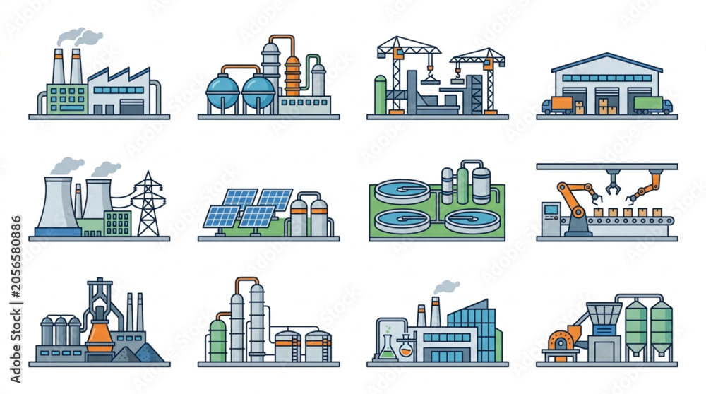 Fototapeta premium Industrial Manufacturing Facilities Icon Set.