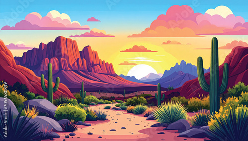 Desert landscape with cactus plants.