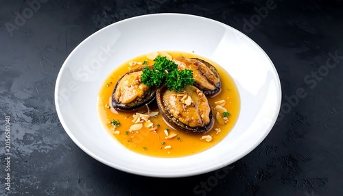 Gourmet Abalone Served in Golden Sauce on White Plate Against Dark Background