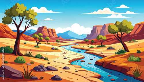 Desert River Landscape With Trees.