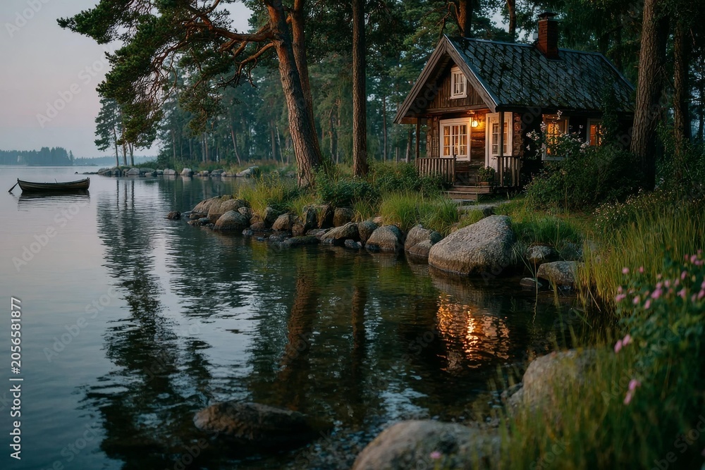 Obraz premium Rustic wooden cabin reflection on calm lake shore