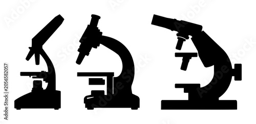 Solid black icon, white background: laboratory clinical microscope set with simple line art design featuring sketches, drawings, vector graphics with minimalist and simple illustrations