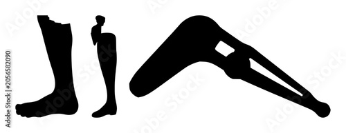 Solid black icon, white background: prosthetic leg silhouette set with simple line art design featuring line art, illustrations, graphic resources with vector and design elements