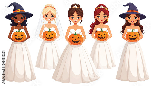 Diverse cartoon women in Halloween costumes.