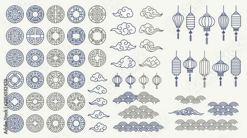 Collection of traditional Chinese ornaments with geometric frames, auspicious clouds, hanging lanterns and wave patterns, symbolizing cultural heritage, illustrating lunar new year design