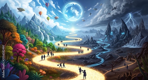 Glowing Winding Path Crossing Bright and Stormy Fantasy Valley Under Moonlit Sky
